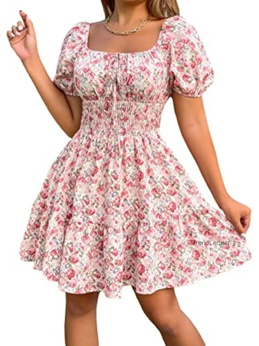 Boho Floral Puff Sleeve Mini A-Line Dress Square Neck Self Tie